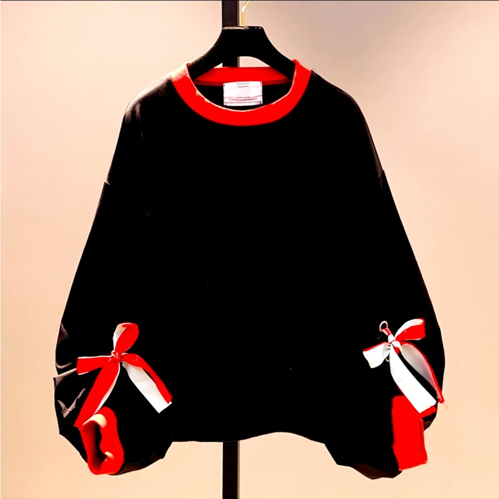New Black Sweat Shirt with Ribbon Design Sleeves